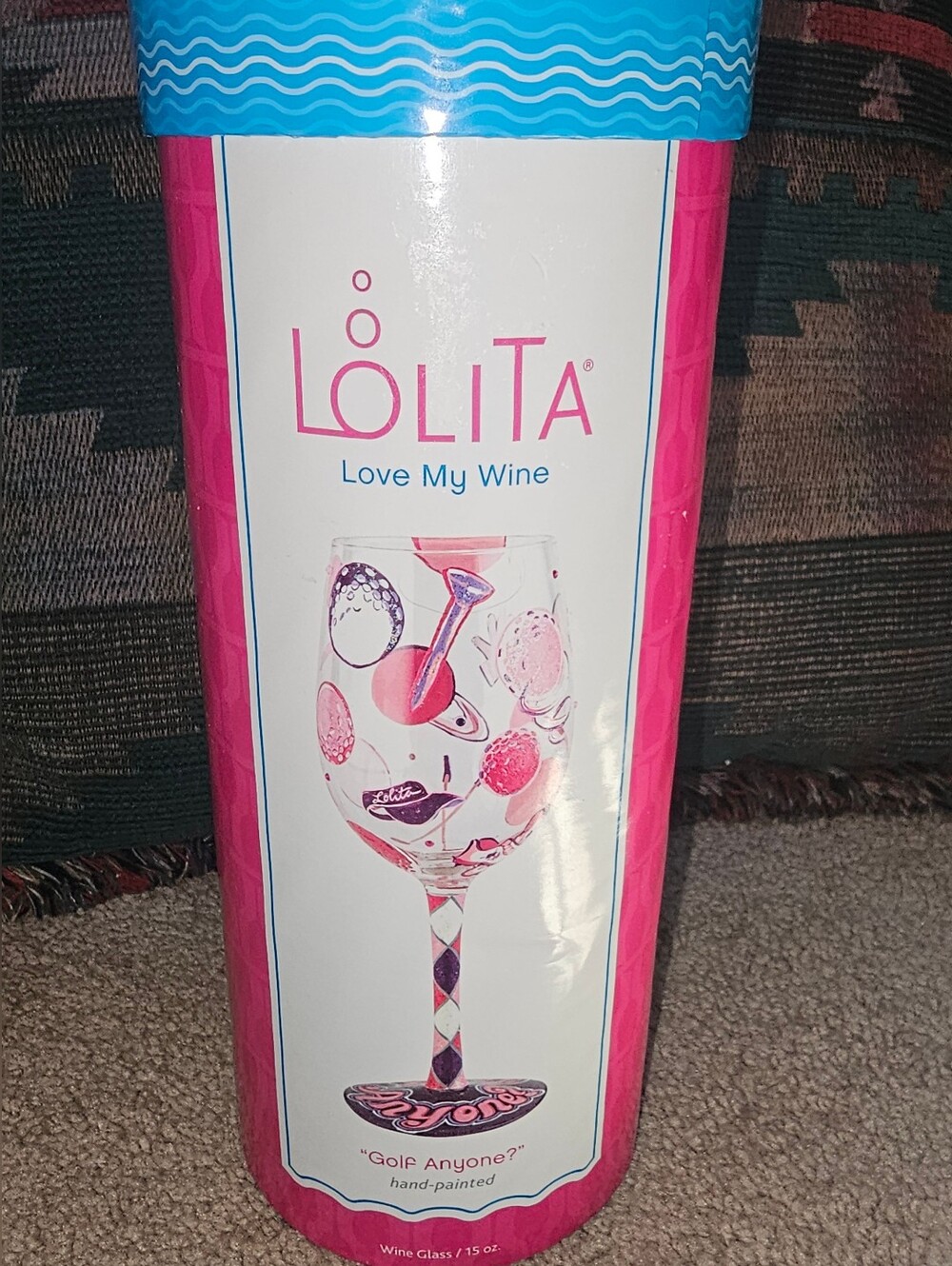 Lolita "Love My Wine" hand-painted wine glass featuring a "Golf Anyone?" design.